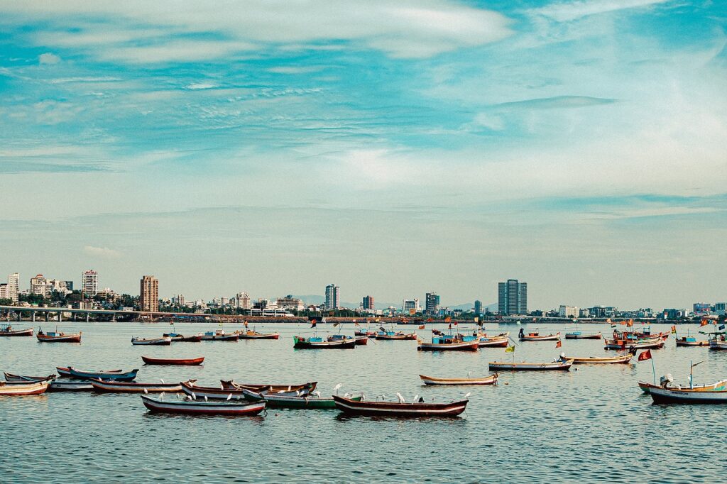 boats, sea, skyline, cityscape, fishing boats, nature, sky, birds, mumbai, india